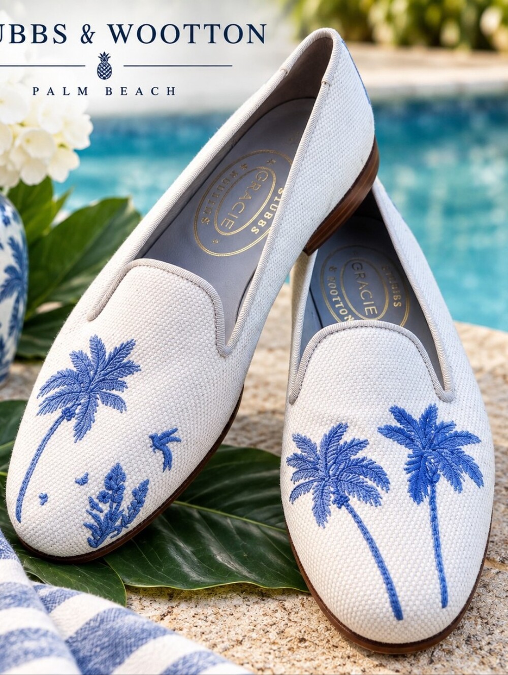 Stubbs & Wootton Gracie Limited Edition Embroidered Loafers 8.5 Blue Palms